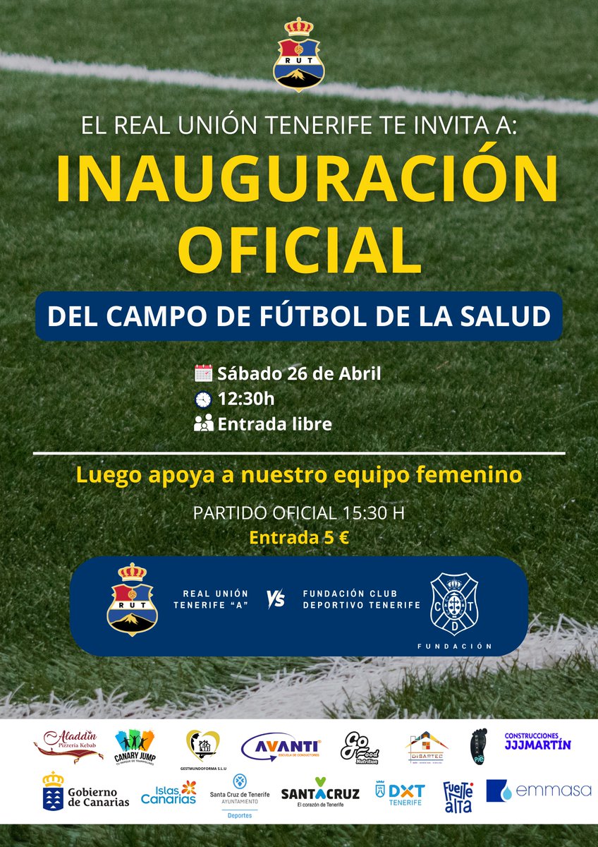 RUTFem_oficial's tweet photo. 🎉 ¡GRAN INAUGURACIÓN EN EL CAMPO DE LA SALUD! 🎉

Este sábado 26 a las 12:30h, el Real Unión Tenerife te invita a vivir un momento histórico con la inauguración oficial de nuestra nueva casa 🏟️💙
 Entrada libre para todos nuestros seguidores. https://t.co/FNjMJ3PWBf
