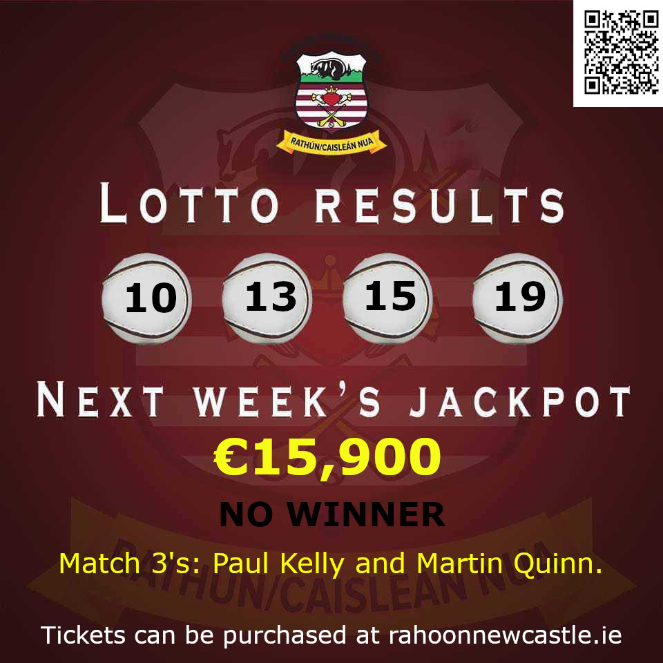 Uimhreacha lotto na seachtaine seo 10,13 , 15 and 19. We had no Jackpot winner. We had two match threes Paul Kelly Thonabrocky and Martin Quinn, Dangan Heights Newcastle each receives €75 euro.

🎉🎉 Our Jackpot currently stands at a massive €15,900🎉🎉

This week is the last