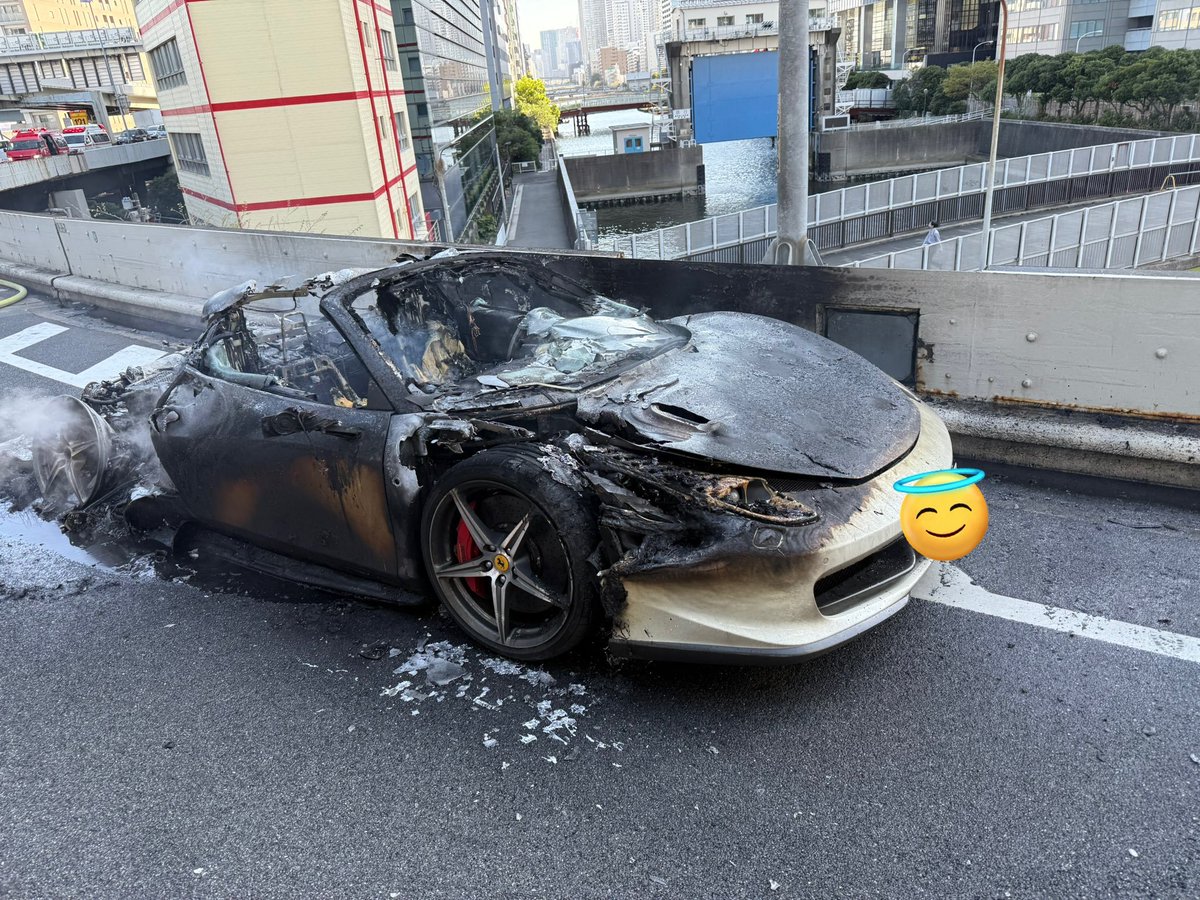 Dexerto's tweet image. A Japanese man spent 10 years saving to buy a Ferrari, only for it to go up in flames just an hour after it was delivered