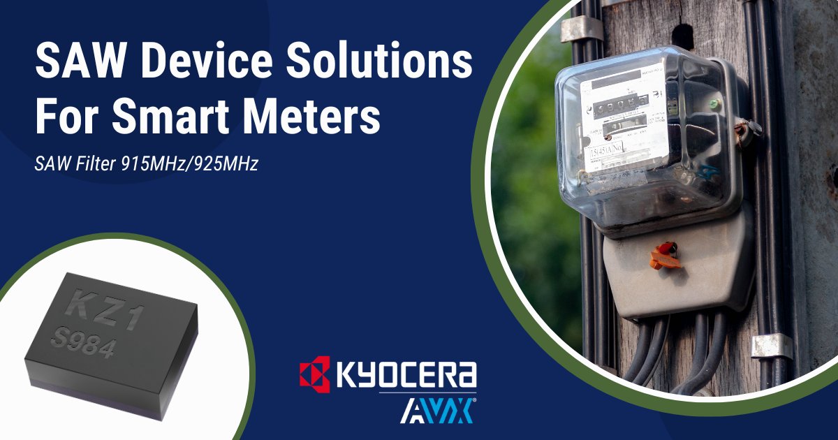 Powering smarter #energy management.
Introducing our #SAWFilter 915MHz/925MHz, designed for #SmartMeters &amp; is compatible w LPWA #communication standards. 🔗Learn about the communication functions that're being installed in various meters: rebrand.ly/nmvdf3g

#KYOCERAAVX