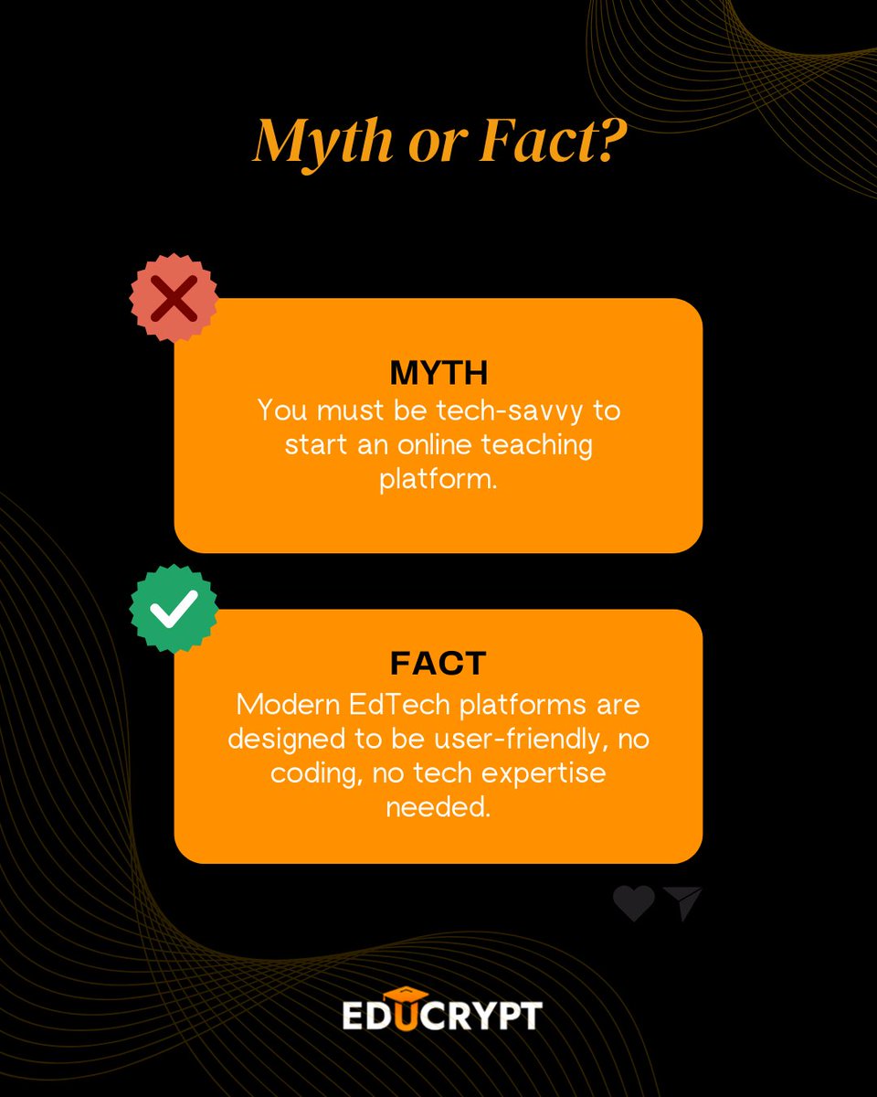 educrypt_ai's tweet image. Think you need to be tech-savvy to launch your own teaching platform?
Myth busted.
With EduCrypt, no coding needed—just your passion to teach.
Simple. Seamless. Built for educators.

#educrypt #edtech #educryptapp #myth #mythbusted  #edupreneurs #elearningplatform