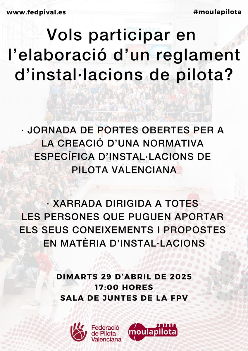 FEDERACIÓ - La FPV convoca una jornada per a la creació d'un reglament específic d'instal·lacions.

La xarrada, de lliure accés, té com a objectiu l'exposició de propostes per a l'elaboració d'una normativa en matèria d'instal·lacions.

👉 fedpival.es/noticies/la-fp…

#moulapilota