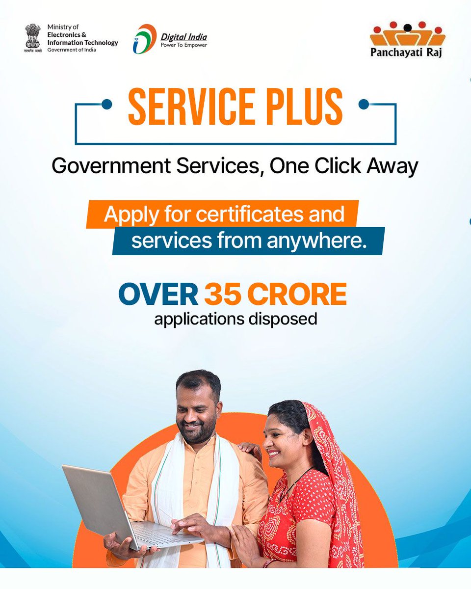 _DigitalIndia's tweet image. Need a caste certificate or pension form? Service Plus makes government services available at your fingertips - no more long lines. 📲 Fast, simple, digital. #DigitalPanchayat #ServicePlus #DigitalIndia #PanchayatiRajDay