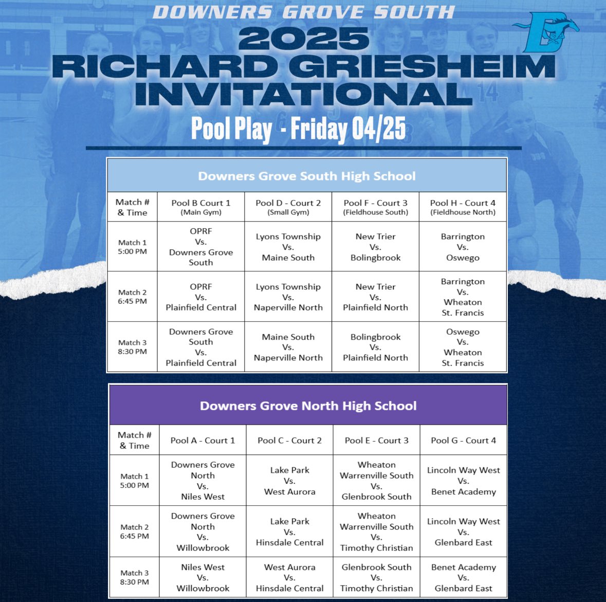 The 2025 Richard Griesheim Invitational is just one day away! 

Schedules are set for Pool Play matches. Good luck to all 24 teams in this year’s field. We’re looking forward to hosting another year of competitive volleyball at this year’s tournament. 

⬇️ Pool play info ⬇️