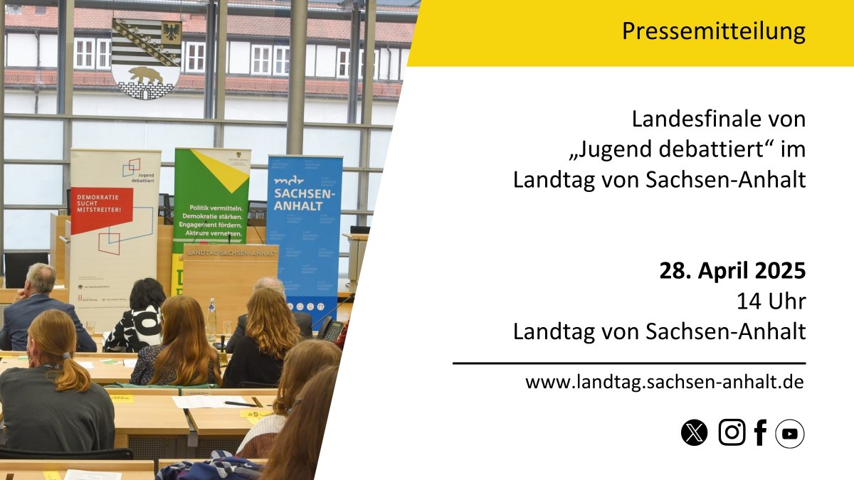Neuigkeiten aus dem Landtag von #SachsenAnhalt.
Zur #Pressemitteilung: tinyurl.com/JugDeb2025

#ltlsa #Jugenddebattiert #Landesfinale