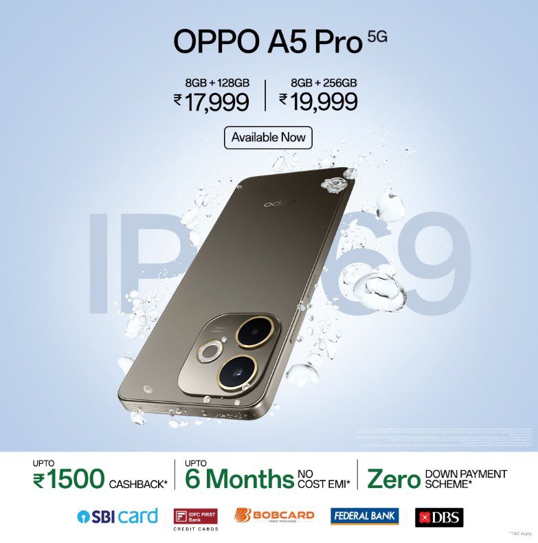 KannadaTechOff's tweet photo. The all-new #OPPOA5Pro5G is here – now available at just ₹17,999 (8+128GB) and ₹19,999 (8+256GB).

Grab yours today: https://t.co/OSh8tn9OlD

Let’s go *#AStepAhead with the #DurableChampionFamily!* 💪 https://t.co/CH00sURf7d