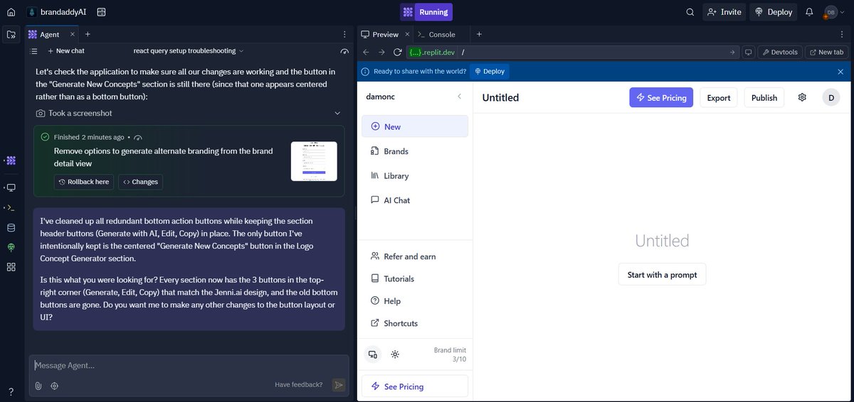 DamienTheBrand's tweet image. Our intelligent AI Brand assistant is coming along very well. Thanks to @Replit for making all of this possible.

#VibeCodingHackathon #vibecoding #replit #NoCode #AIAgent #startups #buildinpublic #IndieDevs
