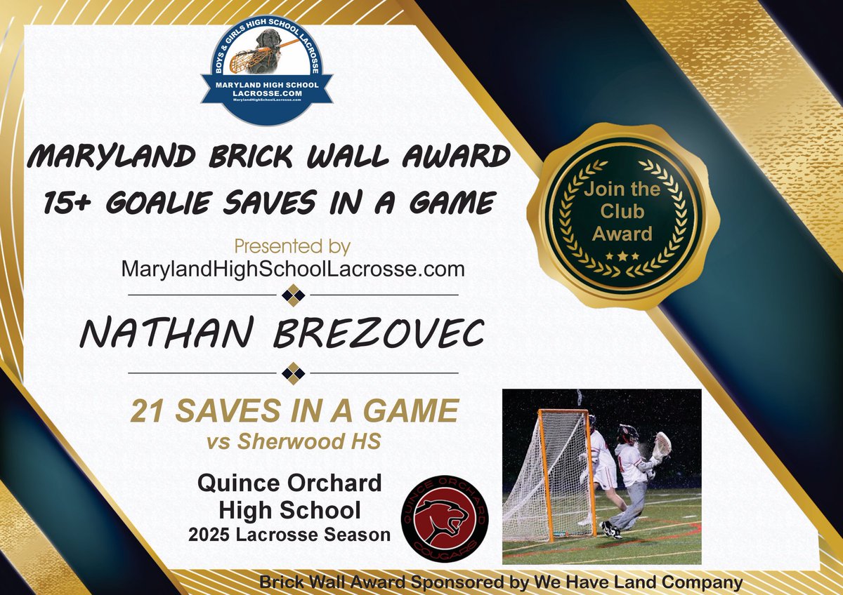 Congrats Nathan Brezovec Quince Orchard HS Lacrosse. He earned the prestigious “Brick Wall Award” for the 6th time this season. MarylandHighSchoolLacrosse.com