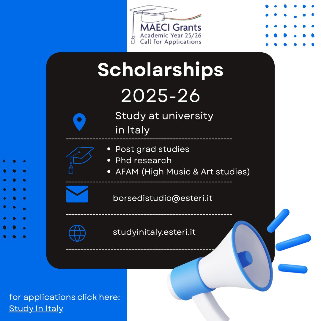 Study in Italy with a MAECI Scholarship!!!!

📢 The Italian Government is offering study, research &amp; training grants in 🇮🇹 for 2025/26!

🎓 Bachelor’s, Master’s, PhD, Arts &amp; Culture programmes

🗓️ Apply by 16 May 2025
👉 Learn more: lnkd.in/dJTcgzbu