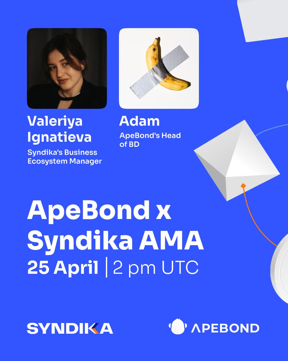 Syndika (@syndika_co) on Twitter photo ApeBond × Syndika AMA
Tomorrow, get ready for a joint X Space between Syndika and our partner <a href="/ApeBond/">ApeBond</a>!
We’ll be diving into how we help raise funds and launch #Web3 startups.
🎙️ Speakers:
<a href="/valeri_ignati/">Valeri Crypto</a> Business Ecosystem Manager at Syndika
<a href="/Adam_MBiz/">Adam | Biz</a> — Head of BD at ApeBond × Syndika AMA
Tomorrow, get ready for a joint X Space between Syndika and our partner <a href="/ApeBond/">ApeBond</a>!
We’ll be diving into how we help raise funds and launch #Web3 startups.
🎙️ Speakers:
<a href="/valeri_ignati/">Valeri Crypto</a> Business Ecosystem Manager at Syndika
<a href="/Adam_MBiz/">Adam | Biz</a> — Head of BD at