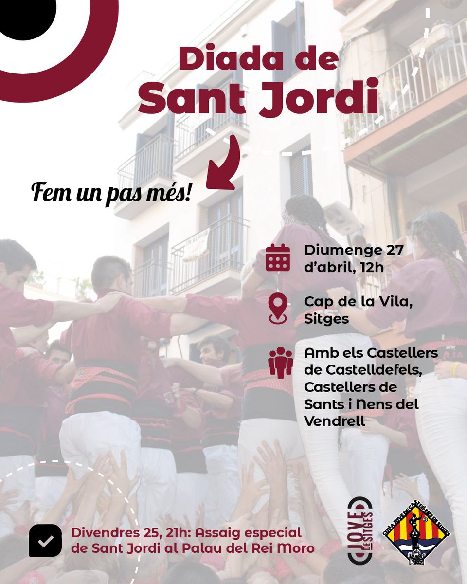 🟥 Sant Jordi encara no ha acabat: queda el millor!

✅ Assaig especial
📍 Palau del Rei Moro
▶️ Divendres 25: 19.30h: canalla | 21h: general

✅ Diada de Sant Jordi, amb Castellers de Sants, Nens del Vendrell i Castellers de Castelldefels
📍 Cap de la Vila
▶️ Diumenge 27, 12h