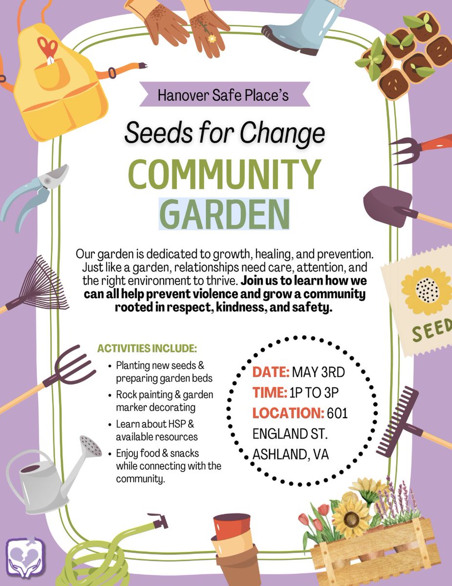 Help with our partner, Hanover Safe Place, with their Community Garden this May!

Their garden is dedicated to growth, healing, and prevention. Join us to learn how we can all help prevent violence and grow a community rooted in respect, kindness, and safety.