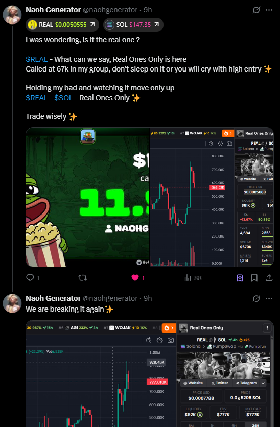 naohgenerator's tweet photo. I'm gotta say $REAL - The Real Ones Only - Just it's name tells everything, keep posting in higher mcap can not change the truth it's still moving on✨

Now I called it again, more $REAL in bags - 2.7M mcap

Bring me another 100x meme. I know it could be✨ 

Trade wisely✨

$SOL https://t.co/8jxbdjVbhb