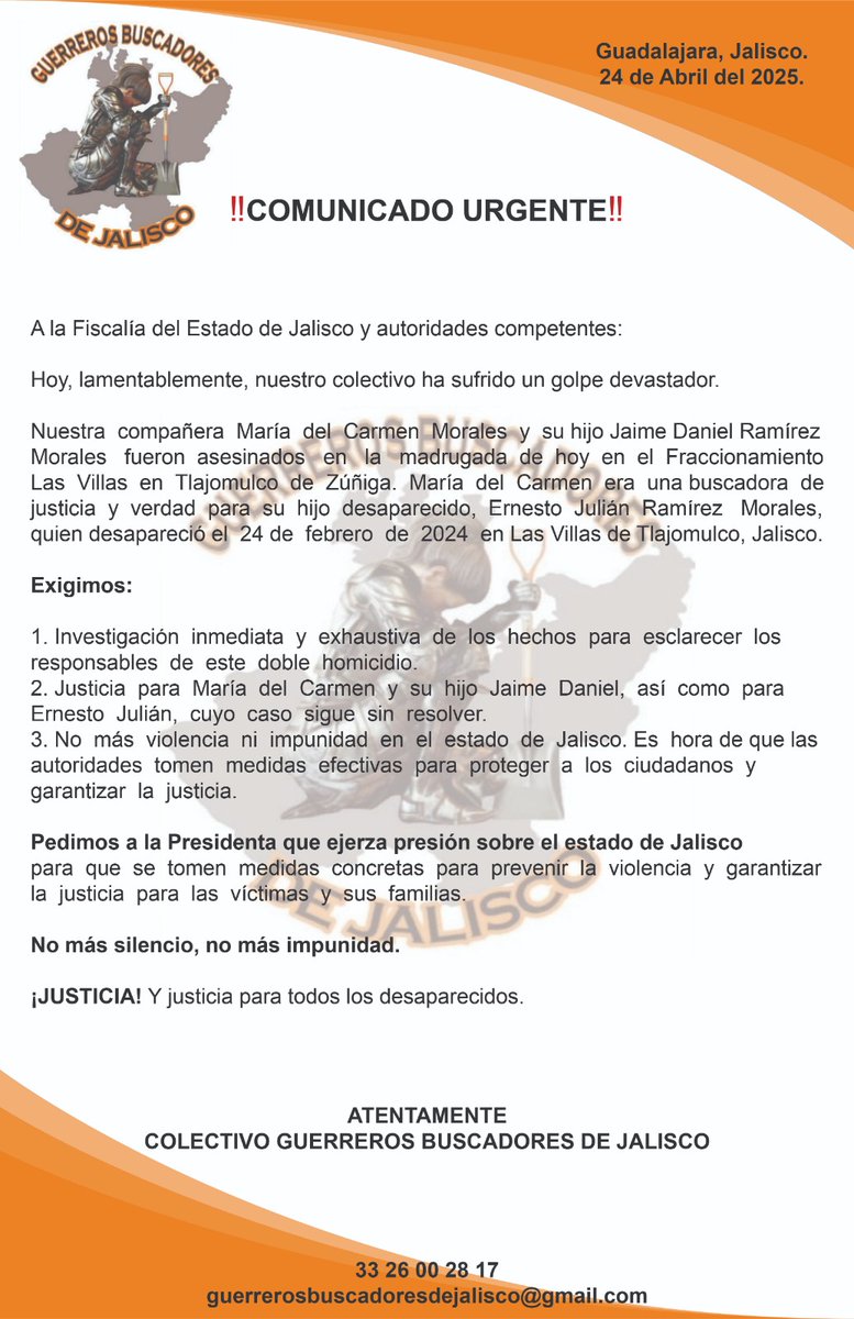 Guerreros buscadores de jalisco (@guerrerosjalisc) on Twitter photo Nos unimos a la pena que embarga a la Familia Ramírez Morales por tan lamentable hecho de nuestra compañera y su hijo. Pedimos JUSTICIA Y DEN CON LOS RESPONSABLES DE ESTE DOBLE HOMICIDIO <a href="/PabloLemusN/">Pablo Lemus Navarro</a> <a href="/FiscaliaJal/">Fiscalía del Estado de Jalisco</a> <a href="/Claudiashein/">Claudia Sheinbaum Pardo</a> <a href="/CNDH/">CNDH en México</a> <a href="/rosaicela_/">Rosa Icela Rodríguez Velázquez</a> Nos unimos a la pena que embarga a la Familia Ramírez Morales por tan lamentable hecho de nuestra compañera y su hijo. Pedimos JUSTICIA Y DEN CON LOS RESPONSABLES DE ESTE DOBLE HOMICIDIO <a href="/PabloLemusN/">Pablo Lemus Navarro</a> <a href="/FiscaliaJal/">Fiscalía del Estado de Jalisco</a> <a href="/Claudiashein/">Claudia Sheinbaum Pardo</a> <a href="/CNDH/">CNDH en México</a> <a href="/rosaicela_/">Rosa Icela Rodríguez Velázquez</a>