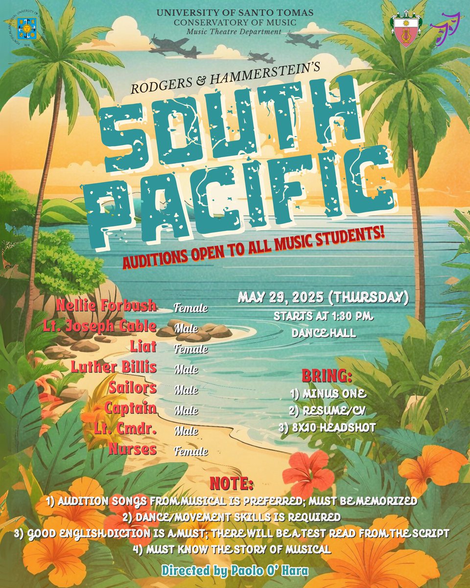 ust_mtdept's tweet photo. 🌺 Dive into the magic of South Pacific! 🌺🌊 
The UST Conservatory of Music is holding open auditions for Rodgers &amp; Hammerstein’s “South Pacific” this ⏱️May 29, 2025 (Thursday) at 1:30PM in the 📍Dance hall, Albertus Magnus Building.

Audition form: https://t.co/bdbmH6ONYb https://t.co/962Yb7tfRo