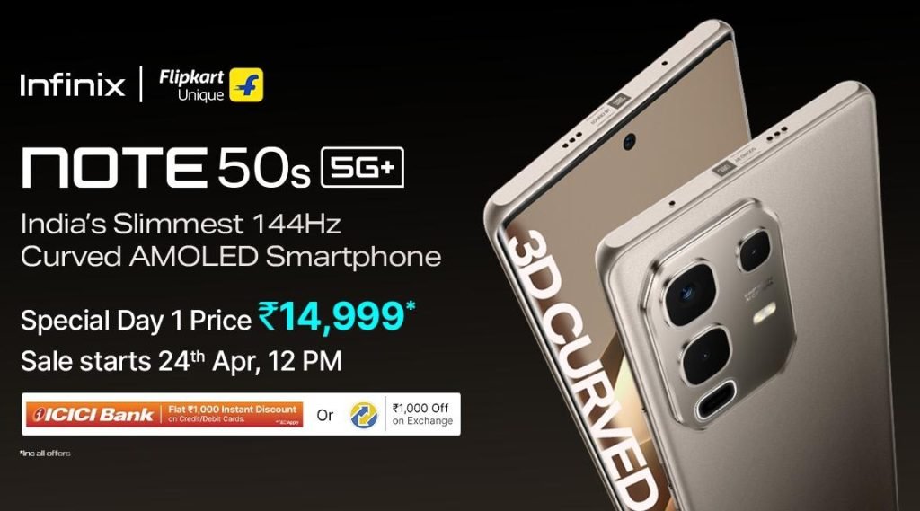 TechHounder's tweet image. 🔥 Infinix NOTE 50s 5G+ goes on sale today on Flipkart starting at ₹14,999 with launch offers including ₹1,000 instant bank discount and exchange benefits—featuring a 6.78&quot; 144Hz AMOLED display, MediaTek Dimensity 7300 Ultimate, 64MP Sony camera &amp;amp; 5500mAh battery! #InfinixNote
