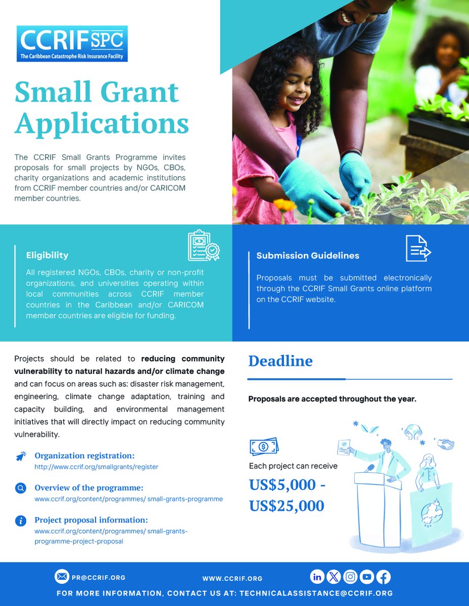 📢 Funding for Caribbean NGOs! Apply for the CCRIF Small Grants Programme (US$5,000 - $25,000) for disaster risk and climate projects. Apply here: ccrif.org/content/small-… 

#CCRIF #SmallGrants #CaribbeanResilience