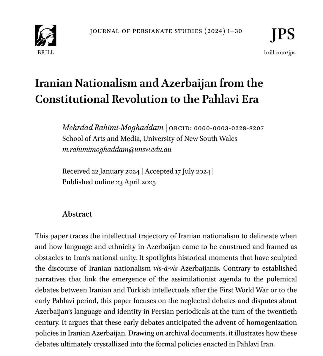 Mrahimimoghadam's tweet photo. Iranian Nationalism and Azerbaijan from the Constitutional Revolution to the Pahlavi Era

(Journal of Persianate Studies)

Link: https://t.co/c9BBlT6VFv https://t.co/AecDjKPrkZ