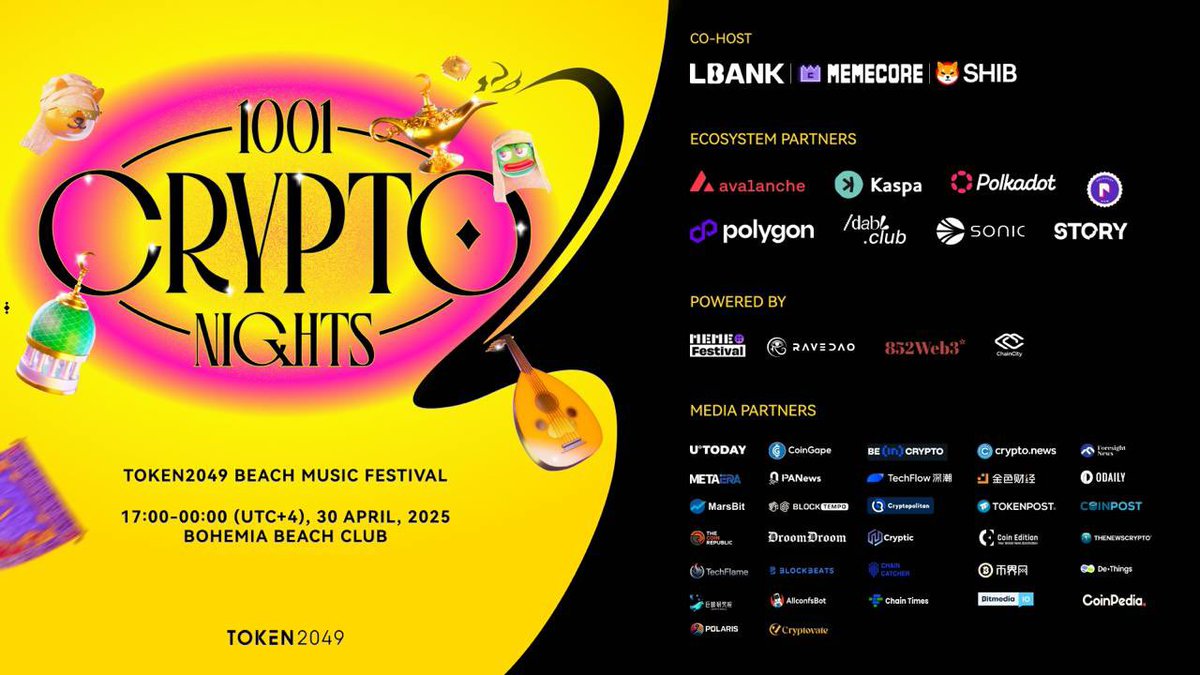 🌅 Just days away from the biggest night of TOKEN2049 — 1001 Crypto Nights is taking over Dubai this April 30!

📍 Bohemia Beach Club | 🕗 17:00–00:00 UTC+4

🎟️ Claim your free spot now: lu.ma/4vror25d

 🎧 <a href="/nickyromero/">Nicky Romero</a> live • <a href="/ai_uehara_ex/">上原亜衣</a> as special guest • 300