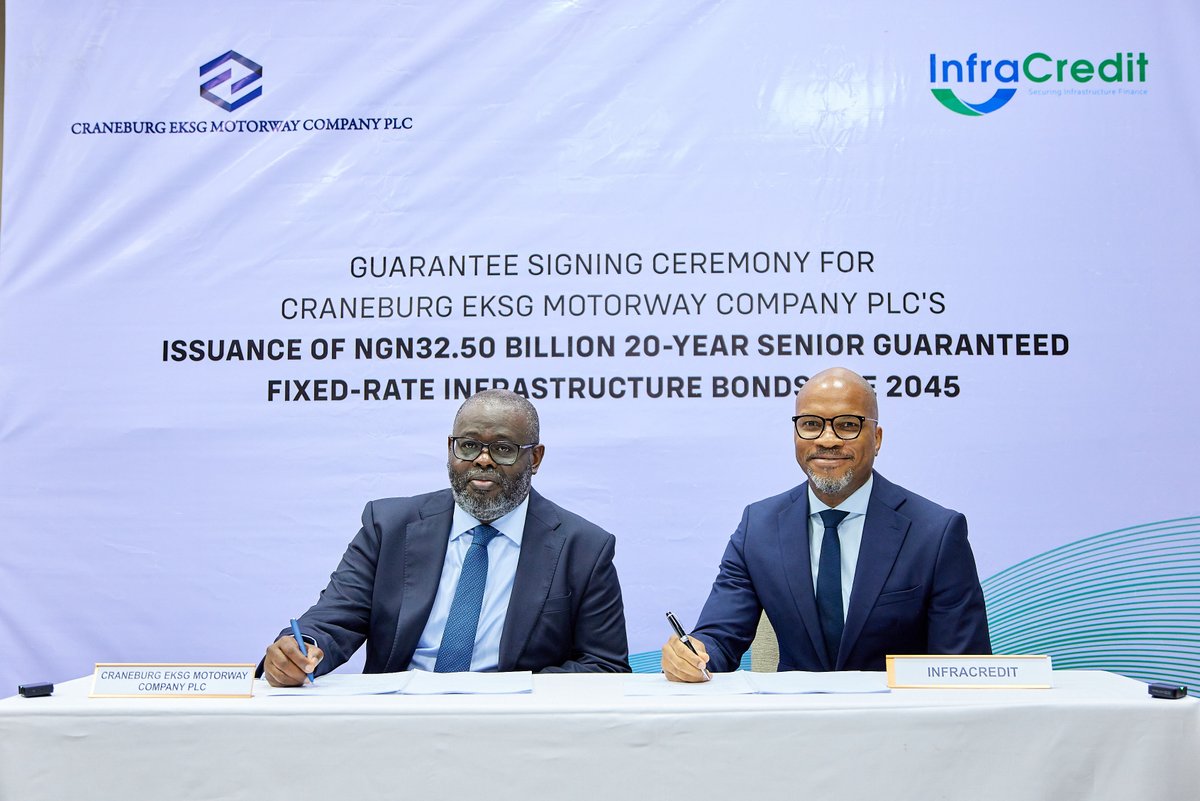 InfraCredit's tweet photo. @InfraCredit  is pleased to announce its guarantee of Craneburg EKSG Motorway Company PLC’s (Craneburg EKSG) NGN32.50 billion 20-Year Senior Guaranteed Fixed Rate Infrastructure Bonds Due 2045 (the Bond). Craneburg EKSG is a special purpose concession company ..(1/6) https://t.co/siq9M2qvYS