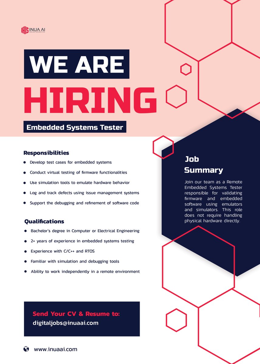 INUA_AI's tweet image. We are hiring a Remote Embedded Systems Tester to validate firmware and software with virtual tools. Know your way around C/C++ and debugging simulators?
Apply: digitaljobs@inuaai.com
#EmbeddedTesting #RemoteTechJobs #QAEngineer #FirmwareTester #RealizePossibilities #INUAAI