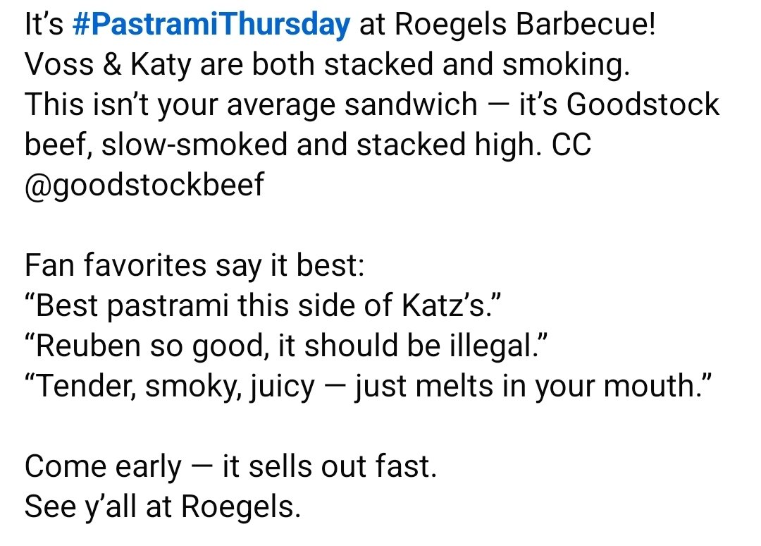 RoegelsBarbecue's tweet photo. It’s #PastramiThursday at Roegels Barbecue!
Voss & Katy are both stacked and smoking.
This isn’t your average sandwich — it’s Goodstock beef, slow-smoked and stacked high.
“Reuben so good, it should be illegal.”
“Tender, smoky, juicy — just melts in your mouth.”
#EatMe #MeatMe https://t.co/fdpwTxDv0n