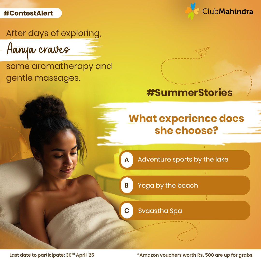 Club Mahindra (@clubmahindra) on Twitter photo #ContestAlert 9 of 15
Participate in all #SummerStories
STEPS
1) Comment below with your answer using #SummerStories and #ClubMahindra.
Donât forget to tag <a href="/clubmahindra/">Club Mahindra</a> and four of your friends â itâs mandatory!
2) Participate in all 15 contest posts. Winners get Amazon #ContestAlert 9 of 15
Participate in all #SummerStories
STEPS
1) Comment below with your answer using #SummerStories and #ClubMahindra.
Donât forget to tag <a href="/clubmahindra/">Club Mahindra</a> and four of your friends â itâs mandatory!
2) Participate in all 15 contest posts. Winners get Amazon