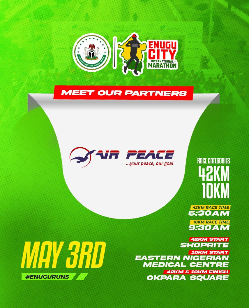enugumarathon's tweet photo. Meet @flyairpeace 
One of our official partners for the Enugu City International Marathon
They’re bringing peace of mind and high-flying support to this historic race
We’re proud to have them with us as we take the first steps of greatness

#EnuguRuns #FirstStepsOfGreatness https://t.co/QVjkvsRlUz