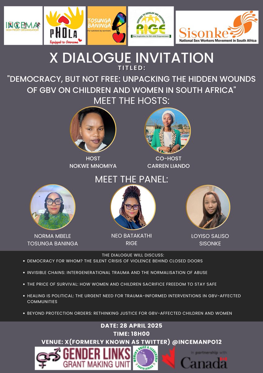Incemanpo (@incemanpo12) on Twitter photo <a href="/Incemanpo12/">Incemanpo</a> would like to invite you to join us for a powerful dialogue
๐ Date: 28 April 2025
๐ Time: 18h00
๐ Venue: X (formerly Twitter) @incemanpo12
๐ฅ Hosted in partnership with <a href="/Phola_org/">phola_npo</a>, <a href="/TBaninga/">Tosunga Baninga</a>, <a href="/Sisonke_ZA/">SisonkeMovementZA</a> and RIGE.
#GBVDialogue #DemocracyButNotFree #EndGBV <a href="/Incemanpo12/">Incemanpo</a> would like to invite you to join us for a powerful dialogue
๐ Date: 28 April 2025
๐ Time: 18h00
๐ Venue: X (formerly Twitter) @incemanpo12
๐ฅ Hosted in partnership with <a href="/Phola_org/">phola_npo</a>, <a href="/TBaninga/">Tosunga Baninga</a>, <a href="/Sisonke_ZA/">SisonkeMovementZA</a> and RIGE.
#GBVDialogue #DemocracyButNotFree #EndGBV