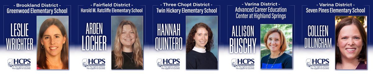 #HCPSTOY2025: Here are 5 more of our outstanding school-based Teachers of the Year to celebrate! 👏

• Leslie Wrighter, Greenwood ES
• Arden Locher, Ratcliffe ES
• Hannah Quintero, Twin Hickory ES
• Allison Buschy, ACE-Highland Springs
• Colleen Dillingham, Seven Pines ES