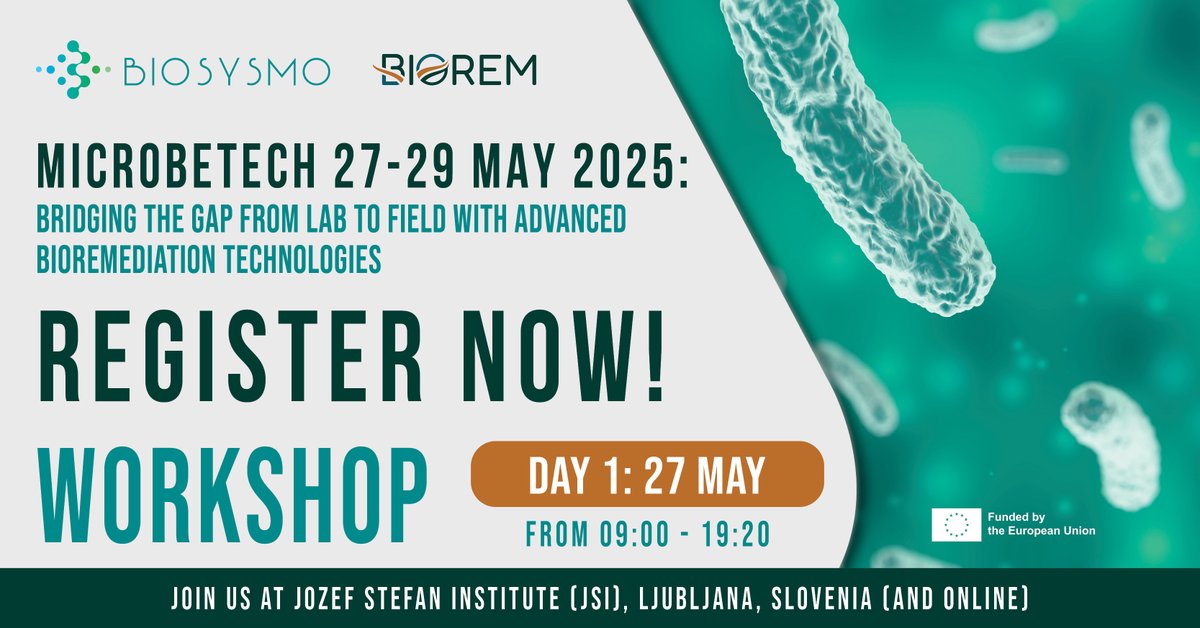 BIOREMproject (@bioremproject) on Twitter photo Join us on 27 May for the #MicrobeTech2025 Workshop Day in Ljubljana โ or connect online!๐๐ป
This full-day ๐๐ผ๐ฟ๐ธ๐๐ต๐ผ๐ฝ includes expert talks and a ๐ฃ๐ผ๐๐๐ฒ๐ฟ ๐ฆ๐ฒ๐๐๐ถ๐ผ๐ป with exciting research from across Europe.
๐ฒ ๐ฅ๐ฒ๐ด๐ถ๐๐๐ฒ๐ฟ ๐ป๐ผ๐: bioremproject.eu/events/microbeโฆ Join us on 27 May for the #MicrobeTech2025 Workshop Day in Ljubljana โ or connect online!๐๐ป
This full-day ๐๐ผ๐ฟ๐ธ๐๐ต๐ผ๐ฝ includes expert talks and a ๐ฃ๐ผ๐๐๐ฒ๐ฟ ๐ฆ๐ฒ๐๐๐ถ๐ผ๐ป with exciting research from across Europe.
๐ฒ ๐ฅ๐ฒ๐ด๐ถ๐๐๐ฒ๐ฟ ๐ป๐ผ๐: bioremproject.eu/events/microbeโฆ