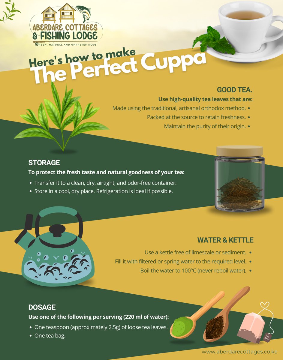 AberdareCDream's tweet image. A proper cuppa should taste like the rolling green plantations it came from. In Murang’a, we don’t just drink #tea we brew memories &amp;amp; you can visit us for a tea experience when here. 🍃☕ Here are some tips to make it the Aberdare Cottages way 👇🏾 #TeaIsLife #AberdareTeaExperience