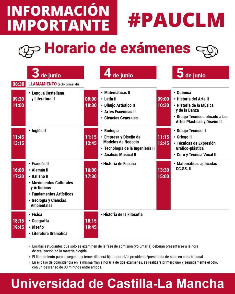 🔴Información importante:
Publicado el horario de la Prueba de Acceso a la Universidad (PAU) en la UCLM, que se celebrará los días 3, 4 y 5 de junio de 2025.
#PAUCLM #EstudiantesUCLM #UniversidadDeCastillaLaMancha
uclm.es/perfiles/preun…