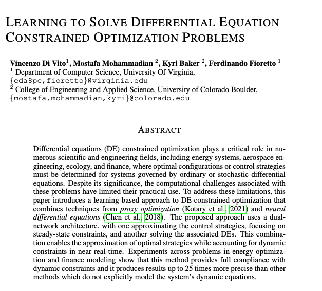 nandofioretto's tweet image. If you are at #ICLR2025 check out our spotlight work!
We show how to build neural surrogates to solve constrained optimization problems coupled with system dynamics *in milliseconds*! π
πarxiv.org/pdf/2410.01786