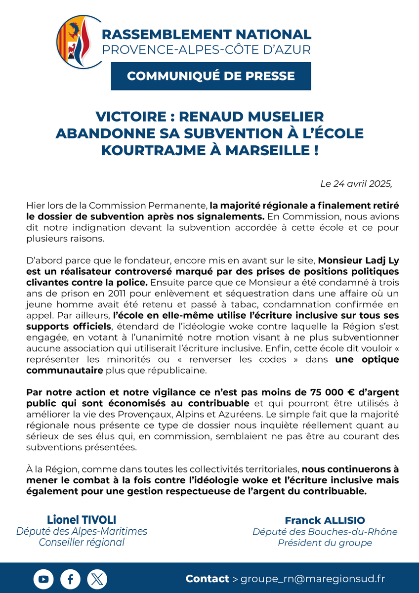 Rassemblement National PACA (@rn_paca) on Twitter photo ✅ Victoire : Renaud Muselier abandonne sa subvention à l'école Kourtrajme à Marseille !
Retrouvez le communiqué de presse de notre Président de groupe <a href="/franckallisio/">Franck Allisio</a> et de notre Conseiller régional <a href="/Lionel_Tivoli/">Lionel Tivoli</a> ⤵️ ✅ Victoire : Renaud Muselier abandonne sa subvention à l'école Kourtrajme à Marseille !
Retrouvez le communiqué de presse de notre Président de groupe <a href="/franckallisio/">Franck Allisio</a> et de notre Conseiller régional <a href="/Lionel_Tivoli/">Lionel Tivoli</a> ⤵️
