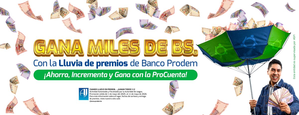 ¡Comenzó la lluvia que todos esperaban!
Gana miles de Bs con la Lluvia de Premios de Prodem.

Ahorra, incrementa tu saldo y participa automáticamente con tu #ProCuenta.
Conoce todos los detalles aquí: bit.ly/LluviaDePremio…

#LluviaDePremios #BancoProdem #AhorroQuePremia