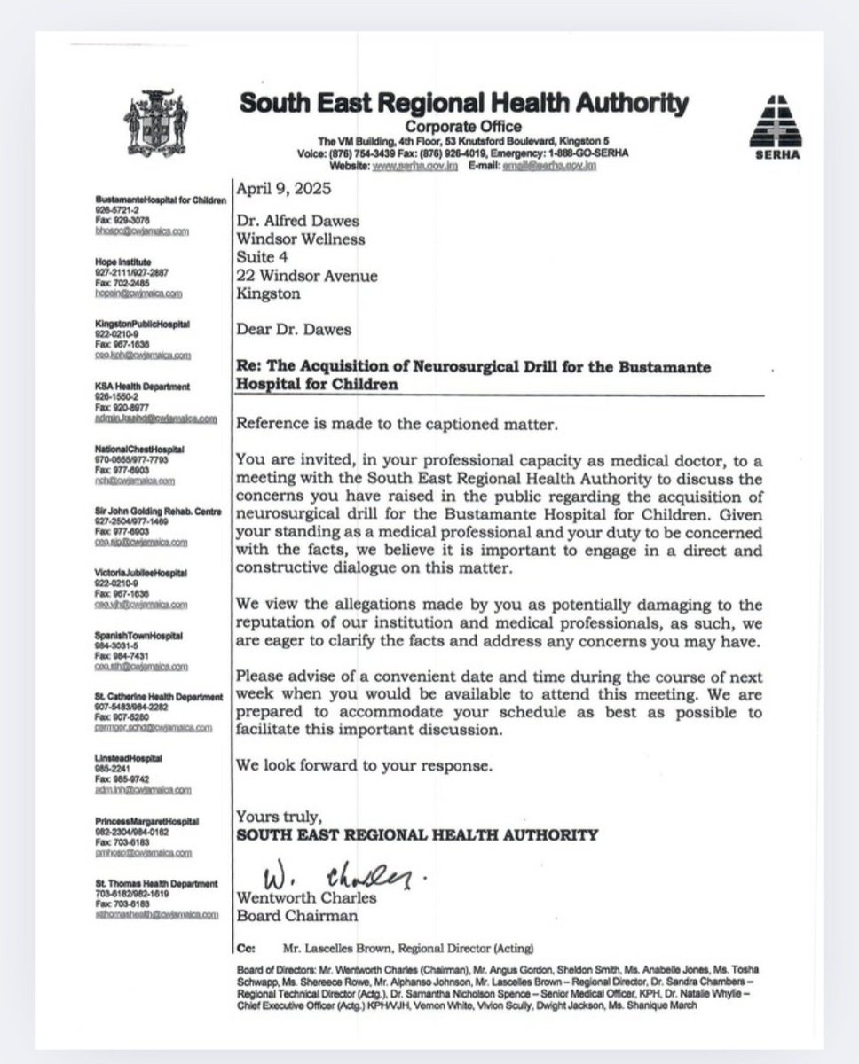 theserhajm's tweet photo. The letter dated April 9, 2025, formally requested a meeting with Dr. Dawes in his professional capacity as a medical doctor to address concerns publicly raised about the acquisition of the neurosurgical drill @De1rock. #SERHA #BHC #Transparency #PublicAccountability https://t.co/R2mhno8NDi