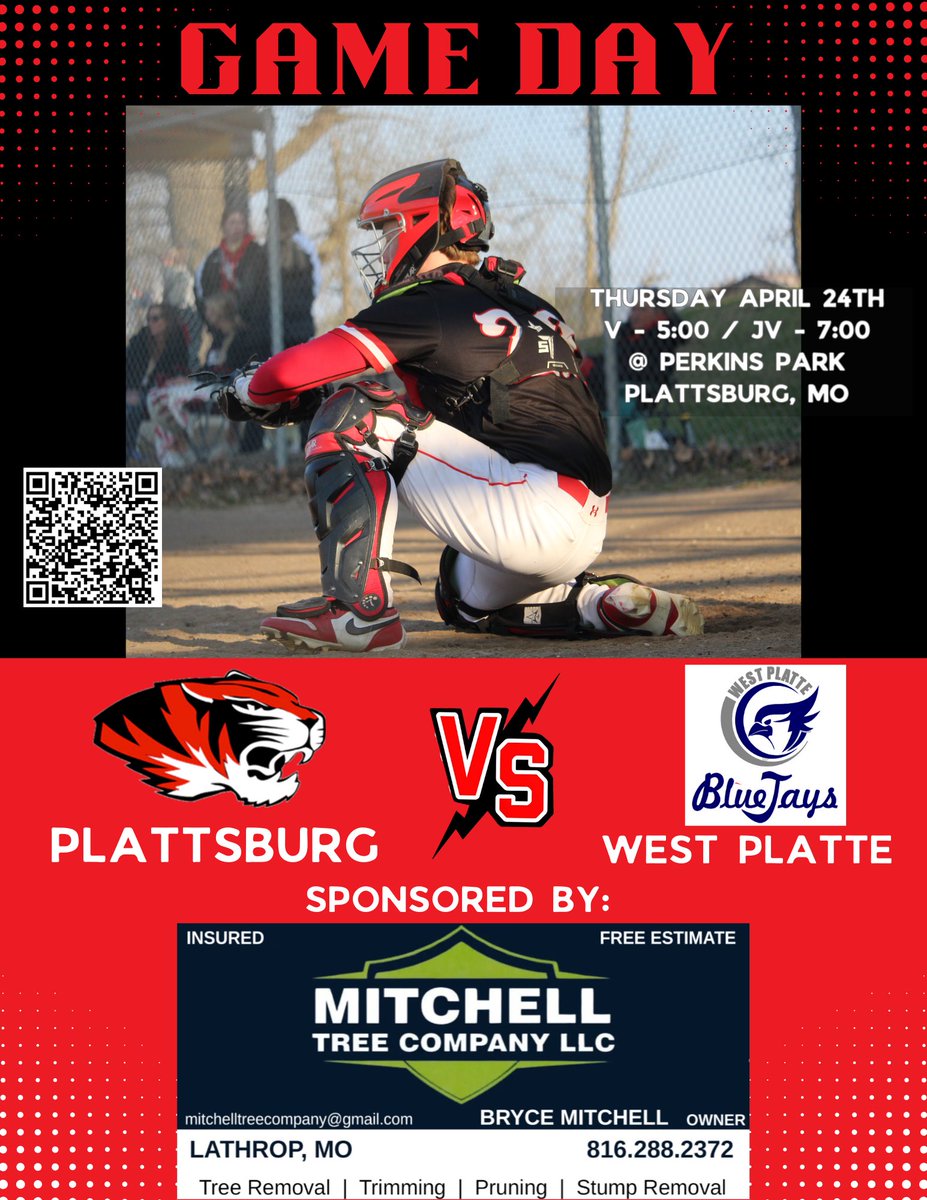 Plattsburg_Baseball (@plattsburgbase2) on Twitter photo Game Day ‼️
🆚 West Platte
⏰ V- 5:00 / JV- 7:00
🏟️ Perkins Park; Plattsburg, MO
🌡️ 77 ⛅️
<a href="/LeaderMOSports/">Leader Sports</a>
<a href="/KQ2SPORTS/">KQ2Sports</a>
<a href="/SJNPSports/">News-Press NOW Sports</a>
<a href="/cliffnotes_pod/">Cliff Notes Podcast</a>
<a href="/PlattsburgHS/">PHS Tigers</a>
<a href="/PlattsburgAD/">PlattsburgTigersAD</a>
<a href="/crane_anthony/">Anthony Crane</a>
<a href="/chrisRroush/">Chris Roush</a> Game Day ‼️
🆚 West Platte
⏰ V- 5:00 / JV- 7:00
🏟️ Perkins Park; Plattsburg, MO
🌡️ 77 ⛅️
<a href="/LeaderMOSports/">Leader Sports</a>
<a href="/KQ2SPORTS/">KQ2Sports</a>
<a href="/SJNPSports/">News-Press NOW Sports</a>
<a href="/cliffnotes_pod/">Cliff Notes Podcast</a>
<a href="/PlattsburgHS/">PHS Tigers</a>
<a href="/PlattsburgAD/">PlattsburgTigersAD</a>
<a href="/crane_anthony/">Anthony Crane</a>
<a href="/chrisRroush/">Chris Roush</a>