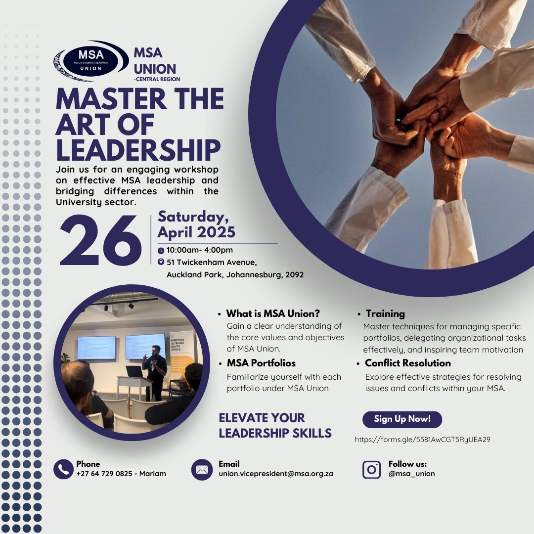 Join MSA Union in Central Region this Saturday, 26 April 2025 for an engaging workshop on effective MSA leadership💪

Don't forget to RSVP by Friday, 25 April 2025 🔗⬇️

forms.gle/5581AwCGT5RyUE…

See you there!!