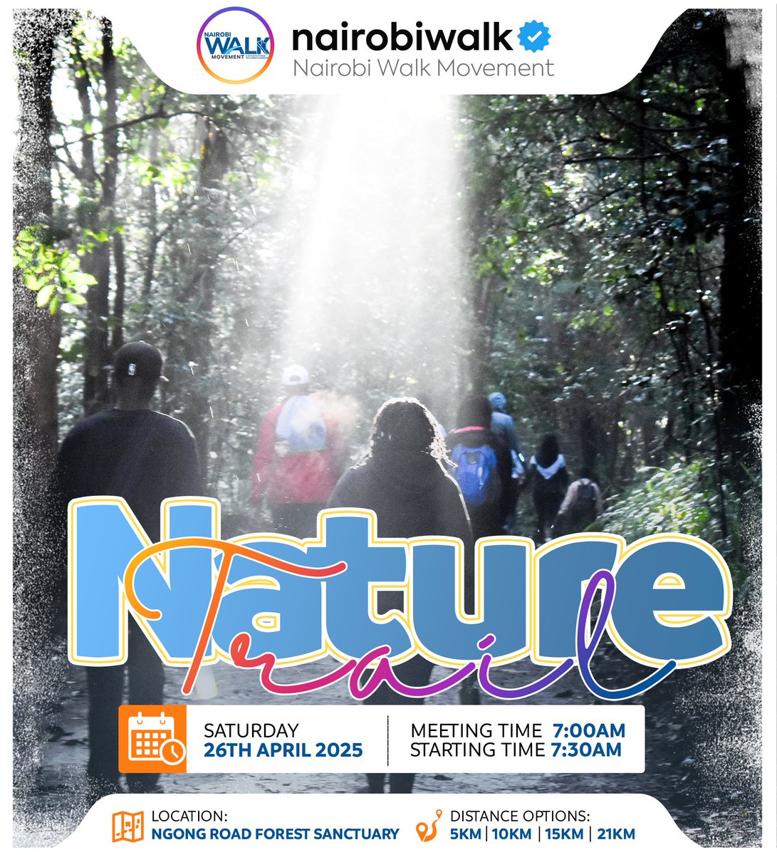 Join us this Saturday at Ngong Road Forest Sanctuary for a refreshing morning nature trail experience starting at 7:00AM.
Choose your preferred distance: 5KM, 10KM, 15KM, or 21KM — there's something for everyone, whether you're in for a light stroll or a long challenge.