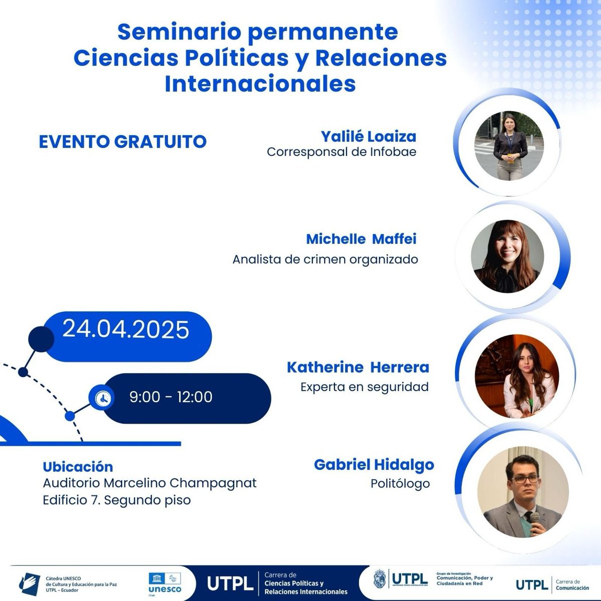 Honrada de participar en el ciclo Encuentros Sostenibles de la UTPL, en el conversatorio “Política, seguridad y cultura de paz”.
Agradezco profundamente a la Universidad Técnica Particular de Loja <a href="/utpl/">🎓 UTPL</a> y a la <a href="/Cat_Unesco_UTPL/">Cátedras Unesco UTPL</a> cátedra UNESCO por esta distinguida invitación como