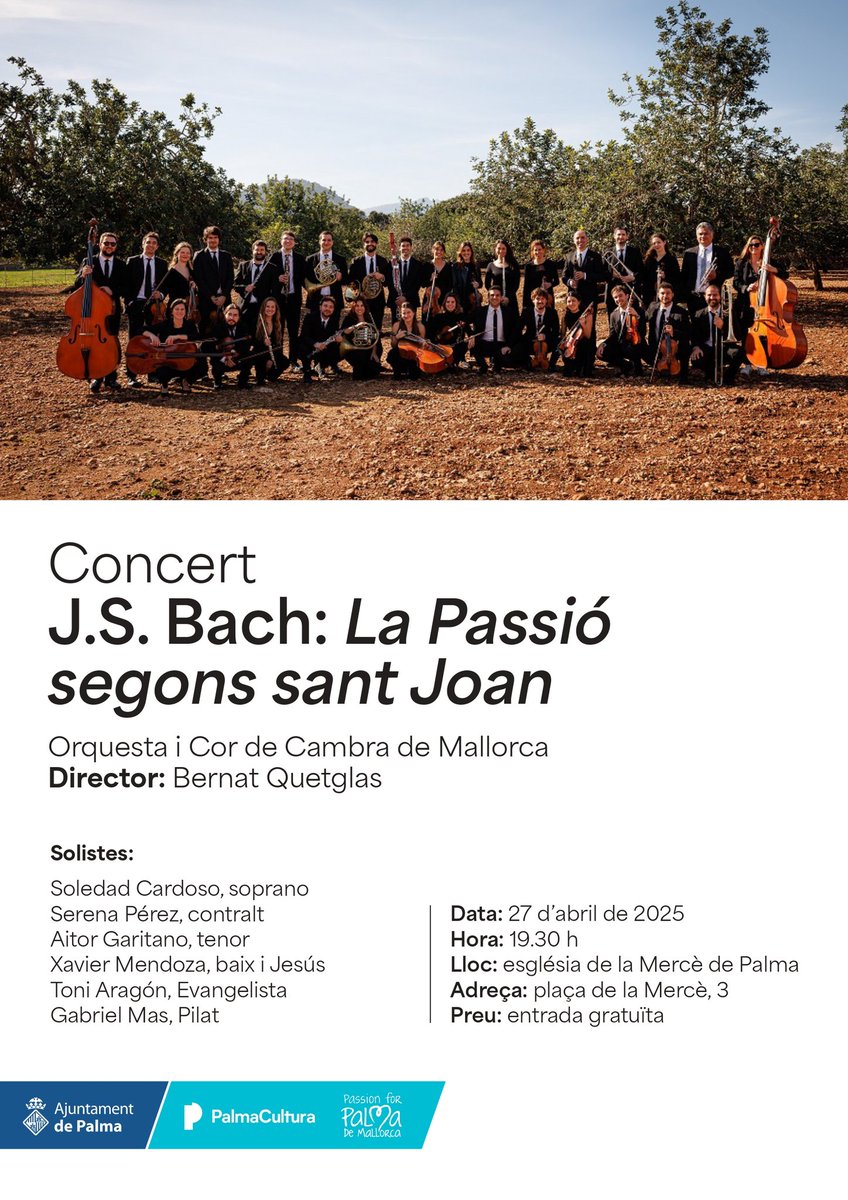 La "Orquesta i Cor de Cambra de Mallorca" interpreta este domingo "La Pasión según San Juan" de J.S. Bach en la iglesia de la Merced. Un concierto gratuito en pleno casco antiguo de Palma, para una de las obras más significativas de la historia de la música sacra ❤️

#VISITPALMA