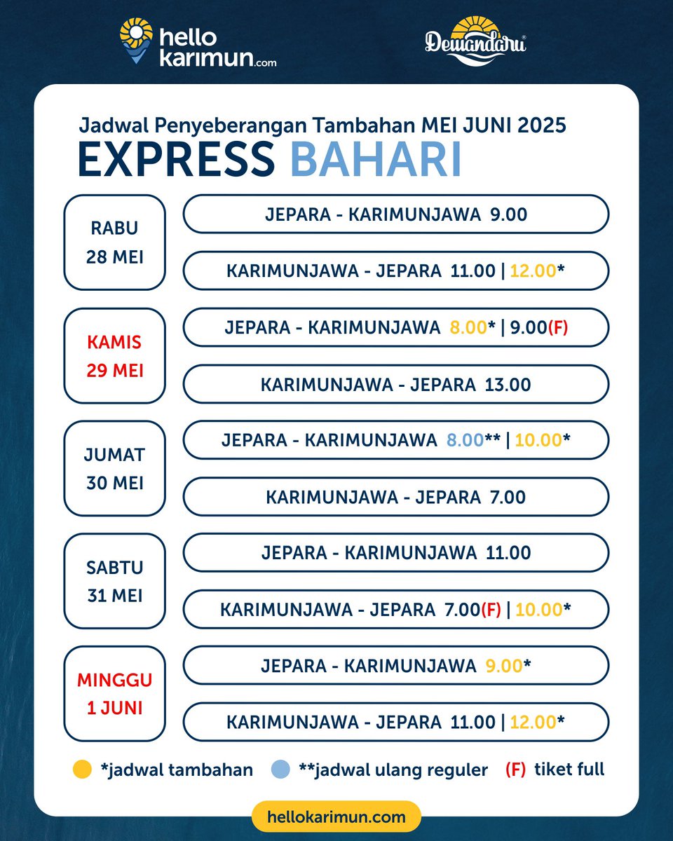Jadwal penyeberangan tambahan April Mei Juni 2025. 👋🏻🤿🛍️
_
#Dewandaru
#OlehOleh
#Karimunjawa
#HelloKarimun
#MampirDewandaru