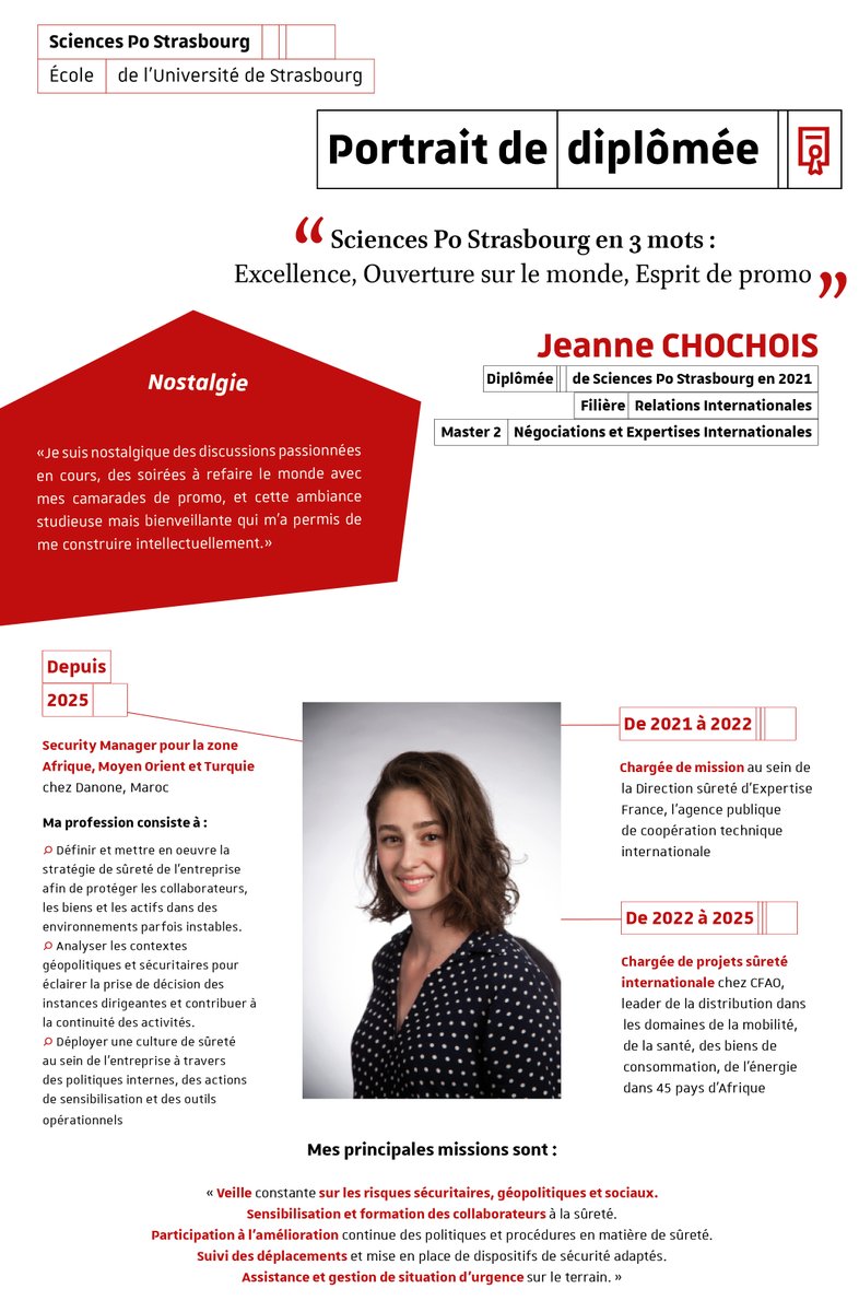 [Portrait de diplômée] Découvrez cette semaine le portrait de Jeanne Chochois, diplômée en 2021 de
<a href="/ScPo_Strasbourg/">Sciences Po Strasbourg</a>  Filière Relations Internationales.   Security Manager pour la zone Afrique, Moyen Orient et Turquie chez Danone, Maroc  
+ de portraits 📷sciencespo-strasbourg.fr/la-vie-a-lecol…