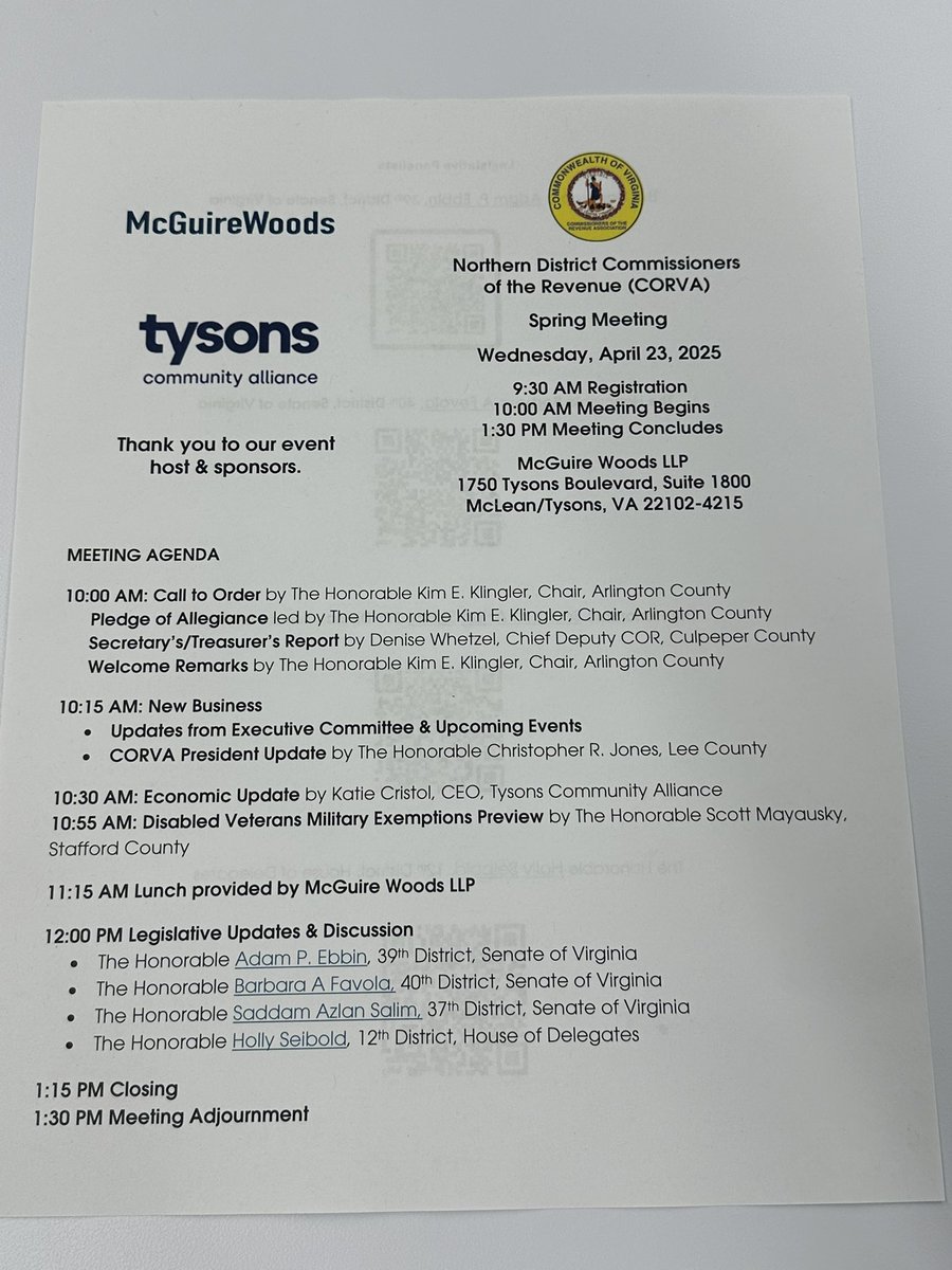 KimKlingler's tweet photo. Thank you @tysons_va & @mcguirewoods for hosting @ARLVACoR and the Commissioners of the Revenue Association of Virginia #CORVA
Special thanks also go to our guests and panelists @AdamEbbin @BarbaraFavola @SalimVASenate & @HollySeiboldVA
#SpringMeeting
#Legislative
#Conversations
#RelationshipsMatter
#PartnershipsMatter
#Thankyou