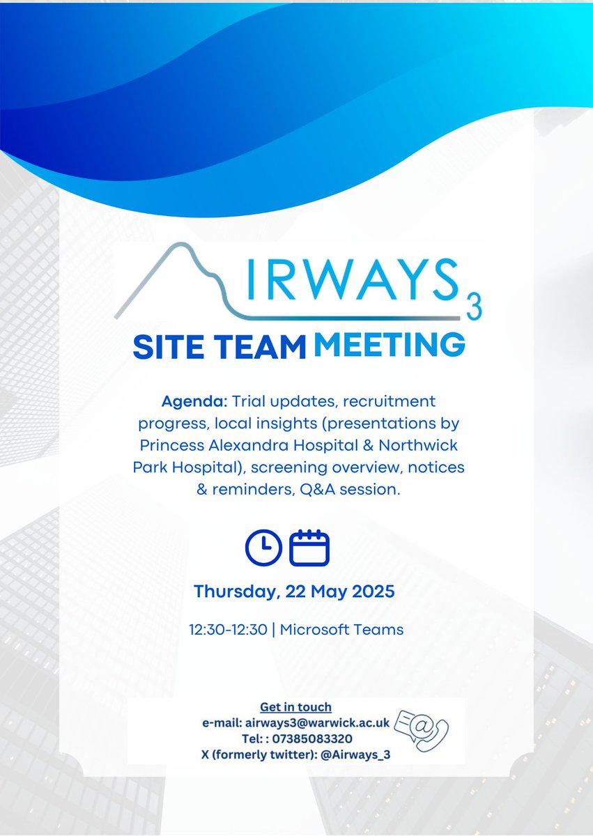 AIRWAYS-3 (@airways_3) on Twitter photo 📢Calling our trial sites, join us for the next AIRWAYS-3 Site Team Meeting!
🗓️Thursday, 22 May 2025
🕧12:30–12:30 | Microsoft Teams
📌Agenda includes trial updates, recruitment, local insights, screening & more.
📬Get in touch: airways3@warwick.ac.uk
#ClinicalTrials #AIRWAYS3 📢Calling our trial sites, join us for the next AIRWAYS-3 Site Team Meeting!
🗓️Thursday, 22 May 2025
🕧12:30–12:30 | Microsoft Teams
📌Agenda includes trial updates, recruitment, local insights, screening & more.
📬Get in touch: airways3@warwick.ac.uk
#ClinicalTrials #AIRWAYS3