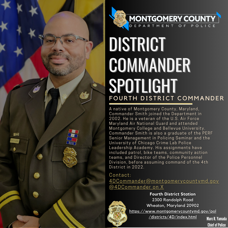 mcpnews's tweet image. Meet Commander David Smith of MCPD’s 4th District!

A Montgomery County native and Air Force vet, he joined MCPD in 2002 and has led patrol, bike units, and more. He now leads Wheaton with a focus on trust.

📧 4DCommander@montgomerycountymd.gov

#DistrictCommanderSpotlight #MCPD