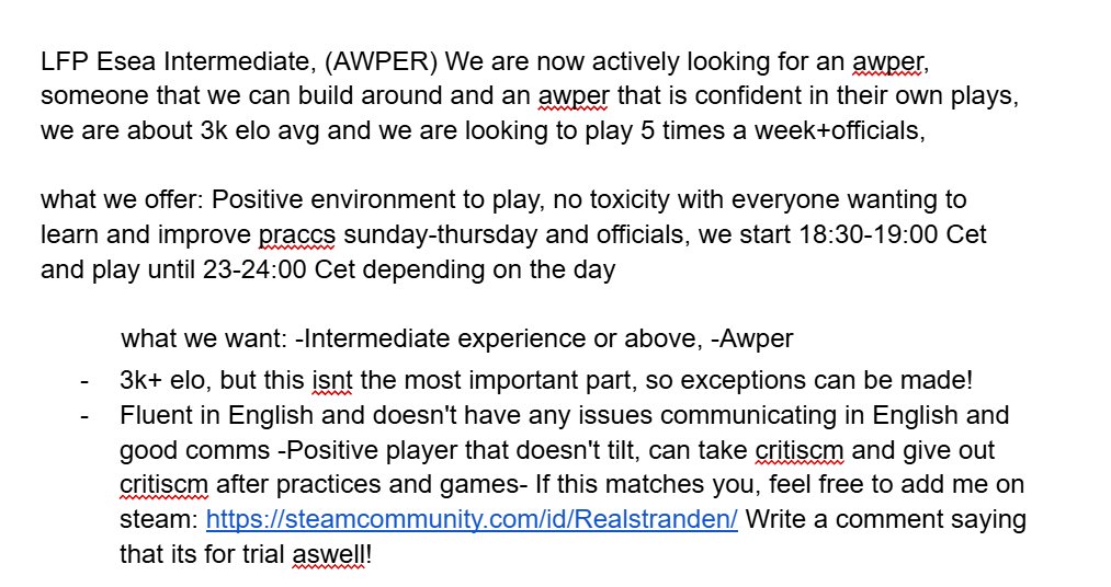 Looking for an awper to continue this remaining Esea intermediate season, If you are interested feel free to reach out on steam: steamcommunity.com/id/Realstrande…
Or you can comment here and we can talk on twitter dms! #LFP #ESEA