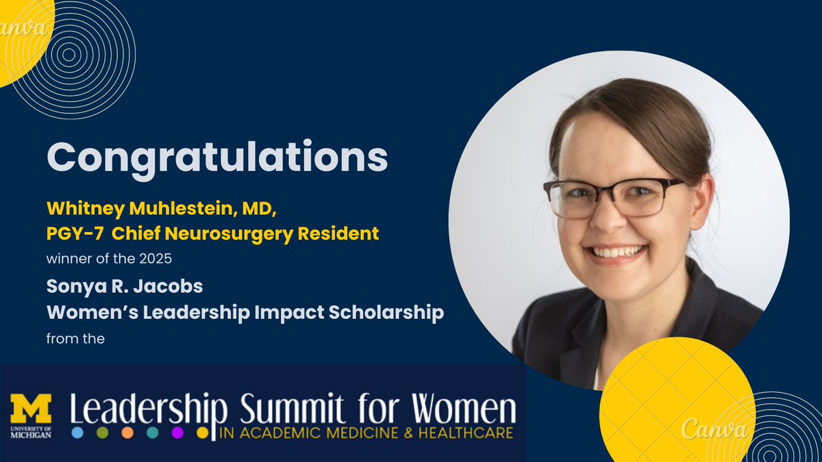 Michigan Neurosurgery (@umichneuro) on Twitter photo We're thrilled to congratulate our chief resident, Whitney Muhlestein, on being awarded the Sonya R. Jacobs Women's Impact Scholarship at the <a href="/umichmedicine/">Michigan Medicine</a> Leadership Summit for Women in #AcademicMedicine & #healthcare ! Whitney's dedication and impact make her truly deserving. We're thrilled to congratulate our chief resident, Whitney Muhlestein, on being awarded the Sonya R. Jacobs Women's Impact Scholarship at the <a href="/umichmedicine/">Michigan Medicine</a> Leadership Summit for Women in #AcademicMedicine & #healthcare ! Whitney's dedication and impact make her truly deserving.