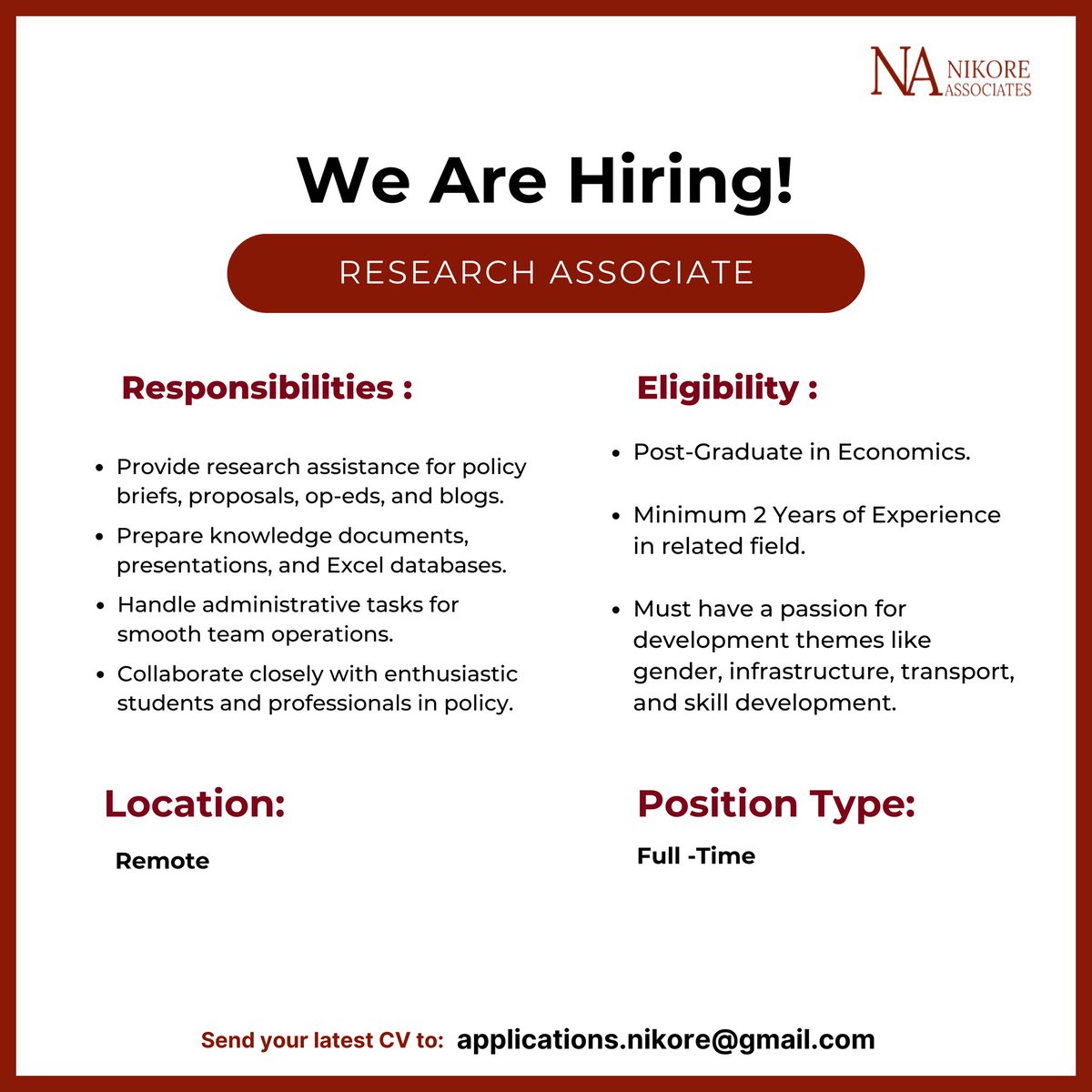 NAEconTeam's tweet image. 🚨 We’re hiring a Research Associate!

 📍 Location: Remote
 🧠 PG in Economics + 2 yrs experience
 💡 Passion for gender, infrastructure &amp;amp; policy
 
📩 applications.nikore@gmail.com

 #Hiring #ResearchJobs #PolicyWork #Economics #DelhiJobs